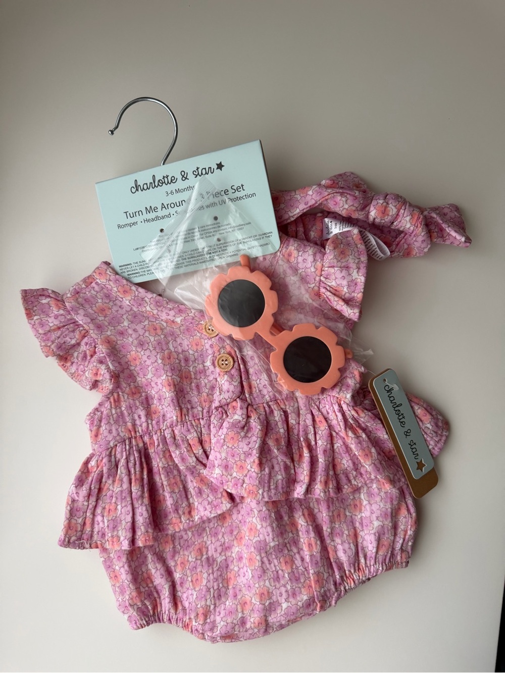 Charlotte Stone Pink Floral Romper with Peach Flower Sunglasses